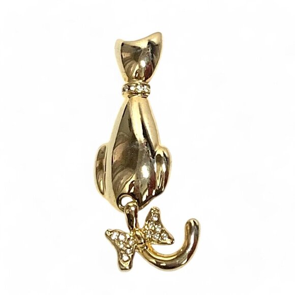 Vintage Gold Tone Cat Pin With Crystal Collar, Bow & Articulated Tail - Picture 1 of 3